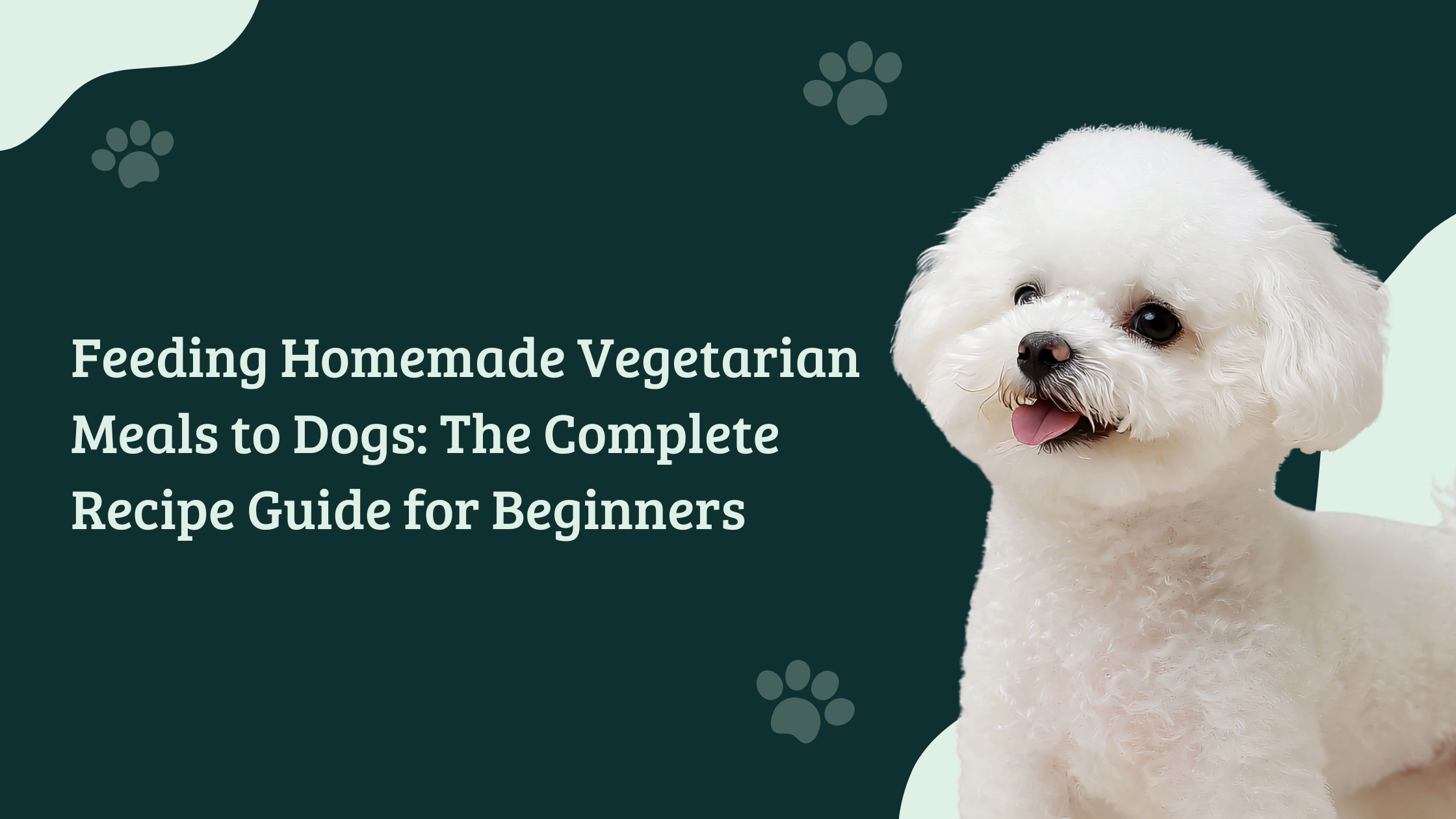 Banner showing a fluffy white dog on a dark green background with paw prints and the text 'Feeding Homemade Vegetarian Meals to Dogs: The Complete Recipe Guide for Beginners'
